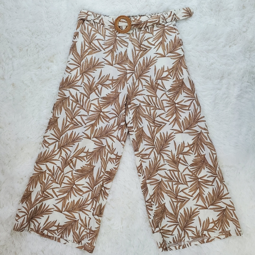 Nicole Miller New York Size M Tan White Tropical Leaf Print Linen Wide Leg Pants